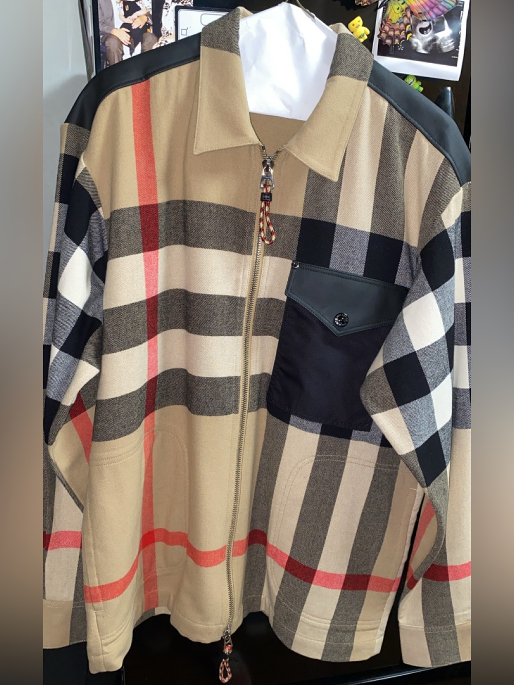 Burberry Beige Plaid Lightweight Zip Jacket with Black Pocket